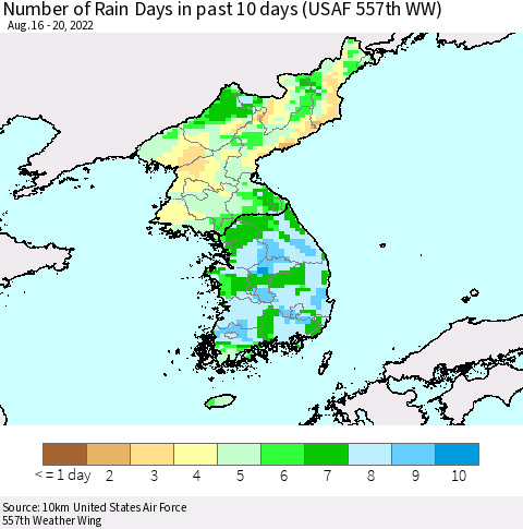 Korea Number of Rain Days in past 10 days (USAF 557th WW) Thematic Map For 8/16/2022 - 8/20/2022