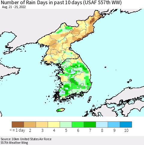Korea Number of Rain Days in past 10 days (USAF 557th WW) Thematic Map For 8/21/2022 - 8/25/2022