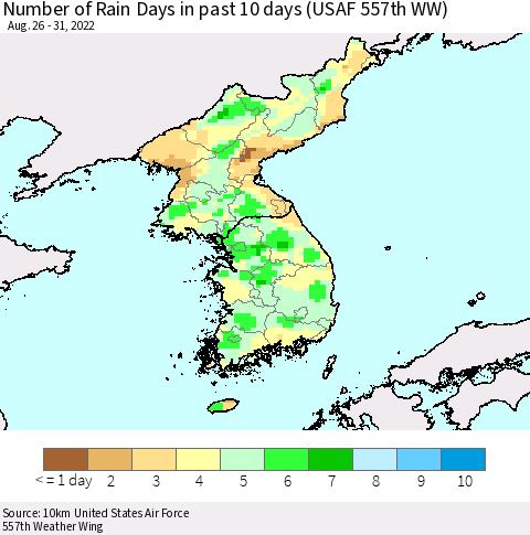 Korea Number of Rain Days in past 10 days (USAF 557th WW) Thematic Map For 8/26/2022 - 8/31/2022
