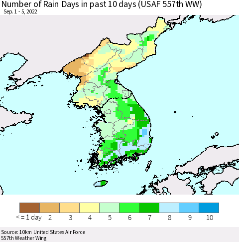 Korea Number of Rain Days in past 10 days (USAF 557th WW) Thematic Map For 9/1/2022 - 9/5/2022