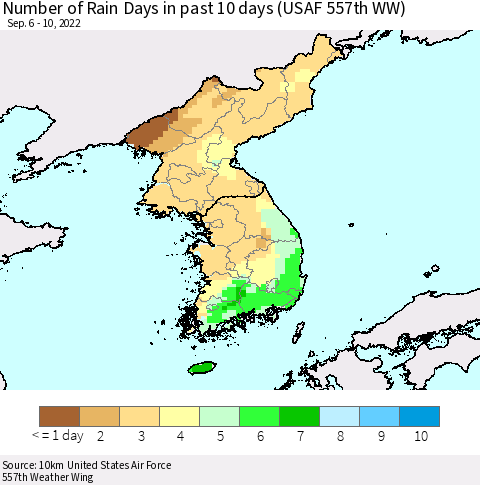 Korea Number of Rain Days in past 10 days (USAF 557th WW) Thematic Map For 9/6/2022 - 9/10/2022