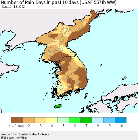 Korea Number of Rain Days in past 10 days (USAF 557th WW) Thematic Map For 9/11/2022 - 9/15/2022