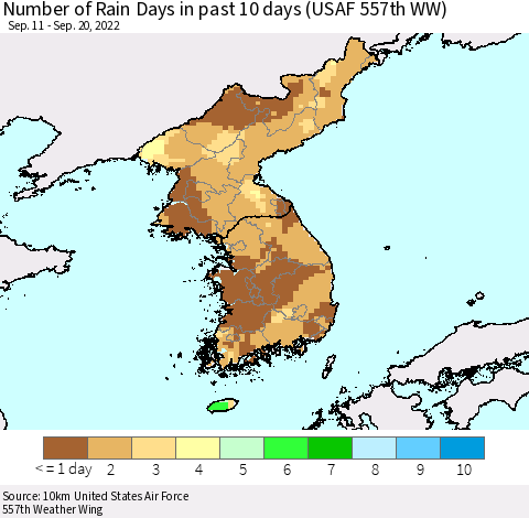 Korea Number of Rain Days in past 10 days (USAF 557th WW) Thematic Map For 9/16/2022 - 9/20/2022