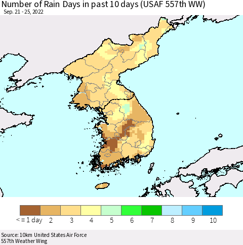 Korea Number of Rain Days in past 10 days (USAF 557th WW) Thematic Map For 9/21/2022 - 9/25/2022