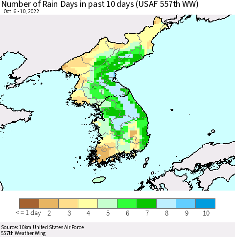 Korea Number of Rain Days in past 10 days (USAF 557th WW) Thematic Map For 10/6/2022 - 10/10/2022