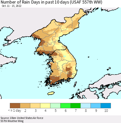 Korea Number of Rain Days in past 10 days (USAF 557th WW) Thematic Map For 10/11/2022 - 10/15/2022