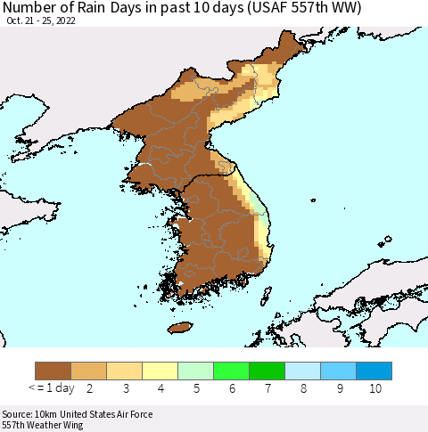 Korea Number of Rain Days in past 10 days (USAF 557th WW) Thematic Map For 10/21/2022 - 10/25/2022