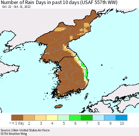 Korea Number of Rain Days in past 10 days (USAF 557th WW) Thematic Map For 10/26/2022 - 10/31/2022