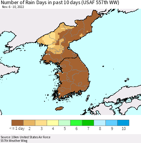 Korea Number of Rain Days in past 10 days (USAF 557th WW) Thematic Map For 11/6/2022 - 11/10/2022