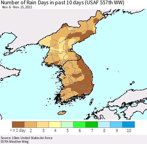 Korea Number of Rain Days in past 10 days (USAF 557th WW) Thematic Map For 11/11/2022 - 11/15/2022