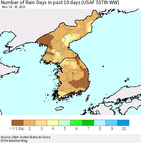 Korea Number of Rain Days in past 10 days (USAF 557th WW) Thematic Map For 11/16/2022 - 11/20/2022