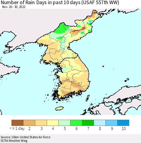 Korea Number of Rain Days in past 10 days (USAF 557th WW) Thematic Map For 11/26/2022 - 11/30/2022