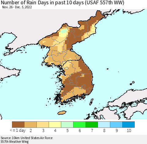 Korea Number of Rain Days in past 10 days (USAF 557th WW) Thematic Map For 12/1/2022 - 12/5/2022
