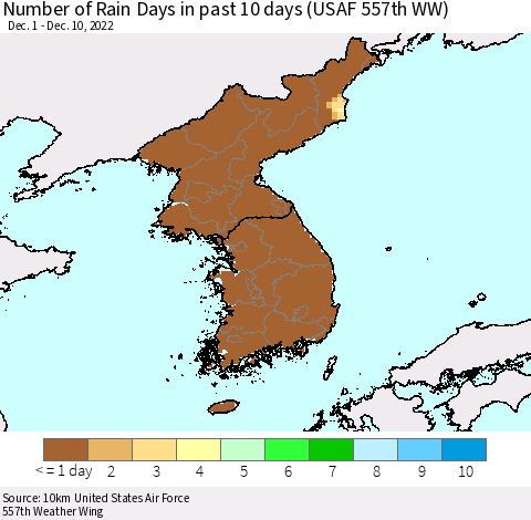 Korea Number of Rain Days in past 10 days (USAF 557th WW) Thematic Map For 12/6/2022 - 12/10/2022