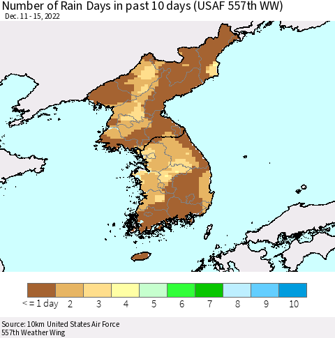 Korea Number of Rain Days in past 10 days (USAF 557th WW) Thematic Map For 12/11/2022 - 12/15/2022
