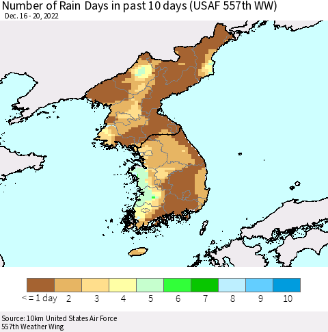 Korea Number of Rain Days in past 10 days (USAF 557th WW) Thematic Map For 12/16/2022 - 12/20/2022