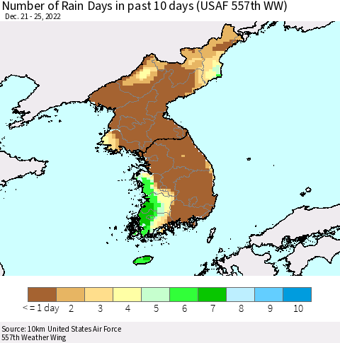 Korea Number of Rain Days in past 10 days (USAF 557th WW) Thematic Map For 12/21/2022 - 12/25/2022
