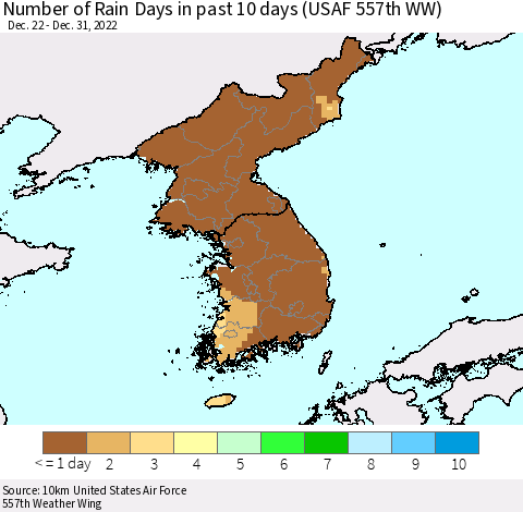 Korea Number of Rain Days in past 10 days (USAF 557th WW) Thematic Map For 12/26/2022 - 12/31/2022
