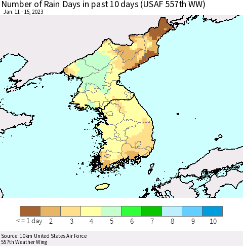 Korea Number of Rain Days in past 10 days (USAF 557th WW) Thematic Map For 1/11/2023 - 1/15/2023