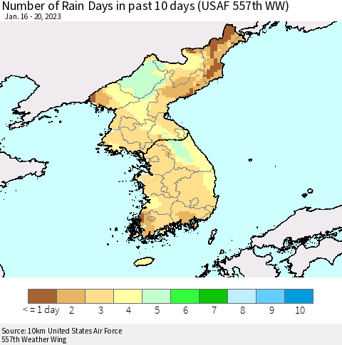 Korea Number of Rain Days in past 10 days (USAF 557th WW) Thematic Map For 1/16/2023 - 1/20/2023
