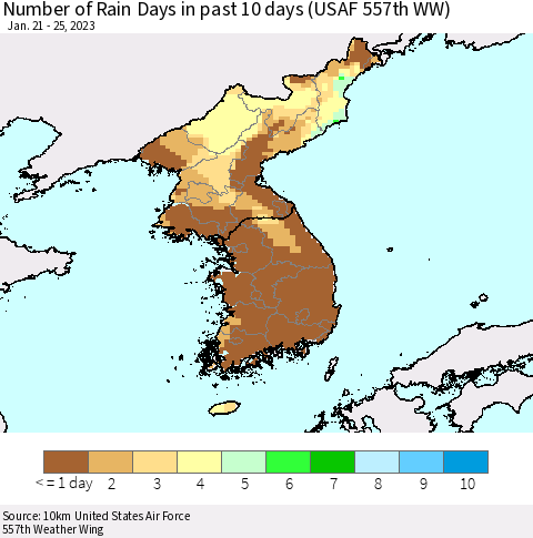 Korea Number of Rain Days in past 10 days (USAF 557th WW) Thematic Map For 1/21/2023 - 1/25/2023