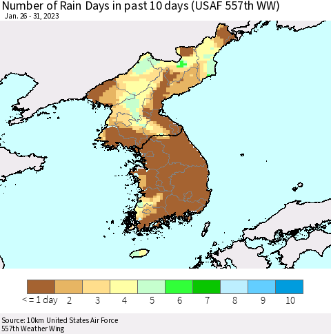 Korea Number of Rain Days in past 10 days (USAF 557th WW) Thematic Map For 1/26/2023 - 1/31/2023