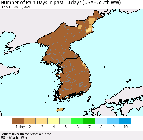 Korea Number of Rain Days in past 10 days (USAF 557th WW) Thematic Map For 2/6/2023 - 2/10/2023