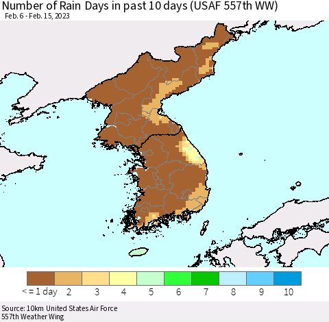 Korea Number of Rain Days in past 10 days (USAF 557th WW) Thematic Map For 2/11/2023 - 2/15/2023