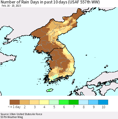 Korea Number of Rain Days in past 10 days (USAF 557th WW) Thematic Map For 2/16/2023 - 2/20/2023