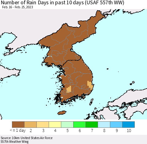 Korea Number of Rain Days in past 10 days (USAF 557th WW) Thematic Map For 2/21/2023 - 2/25/2023