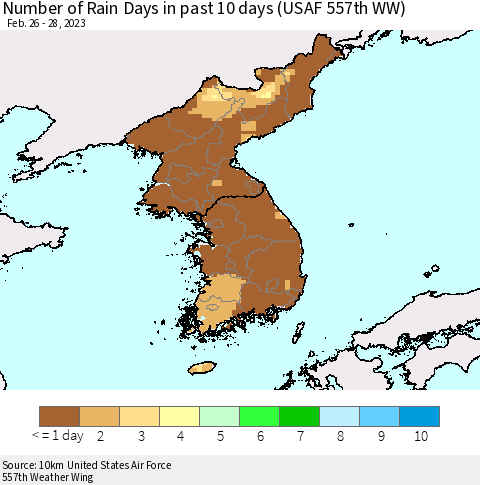 Korea Number of Rain Days in past 10 days (USAF 557th WW) Thematic Map For 2/26/2023 - 2/28/2023