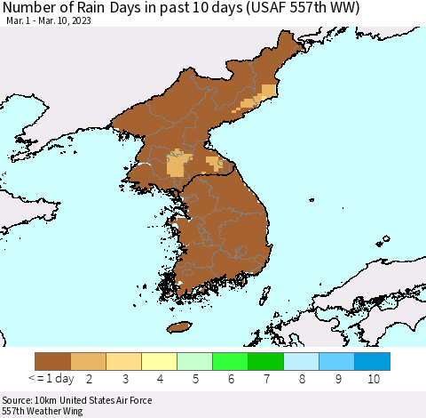 Korea Number of Rain Days in past 10 days (USAF 557th WW) Thematic Map For 3/6/2023 - 3/10/2023