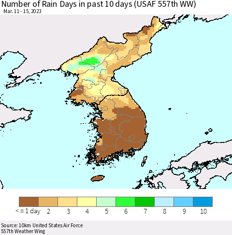 Korea Number of Rain Days in past 10 days (USAF 557th WW) Thematic Map For 3/11/2023 - 3/15/2023