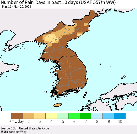 Korea Number of Rain Days in past 10 days (USAF 557th WW) Thematic Map For 3/16/2023 - 3/20/2023