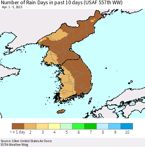 Korea Number of Rain Days in past 10 days (USAF 557th WW) Thematic Map For 4/1/2023 - 4/5/2023