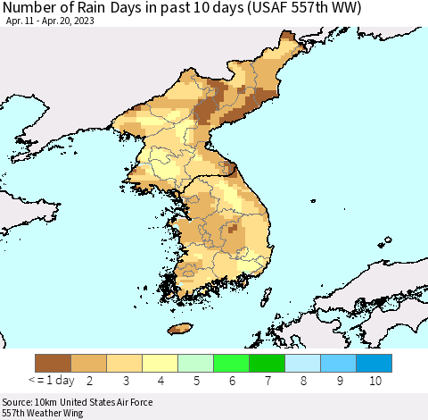 Korea Number of Rain Days in past 10 days (USAF 557th WW) Thematic Map For 4/16/2023 - 4/20/2023