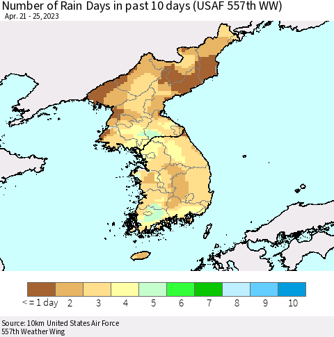 Korea Number of Rain Days in past 10 days (USAF 557th WW) Thematic Map For 4/21/2023 - 4/25/2023