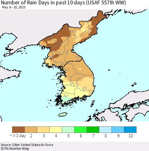 Korea Number of Rain Days in past 10 days (USAF 557th WW) Thematic Map For 5/6/2023 - 5/10/2023