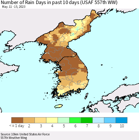 Korea Number of Rain Days in past 10 days (USAF 557th WW) Thematic Map For 5/11/2023 - 5/15/2023