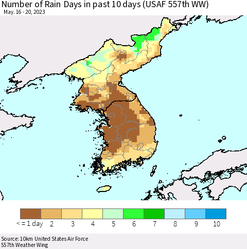 Korea Number of Rain Days in past 10 days (USAF 557th WW) Thematic Map For 5/16/2023 - 5/20/2023