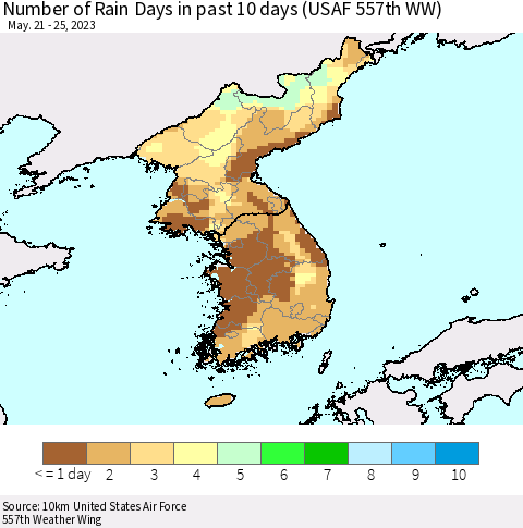 Korea Number of Rain Days in past 10 days (USAF 557th WW) Thematic Map For 5/21/2023 - 5/25/2023