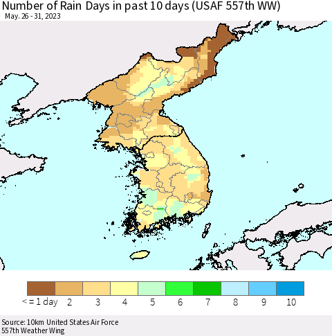 Korea Number of Rain Days in past 10 days (USAF 557th WW) Thematic Map For 5/26/2023 - 5/31/2023