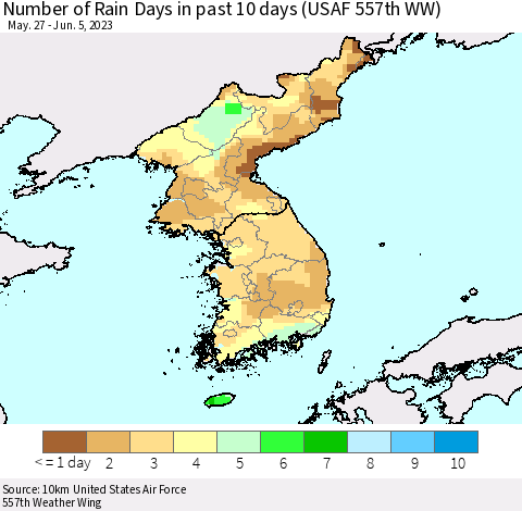 Korea Number of Rain Days in past 10 days (USAF 557th WW) Thematic Map For 6/1/2023 - 6/5/2023
