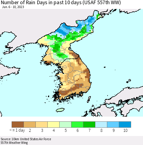 Korea Number of Rain Days in past 10 days (USAF 557th WW) Thematic Map For 6/6/2023 - 6/10/2023