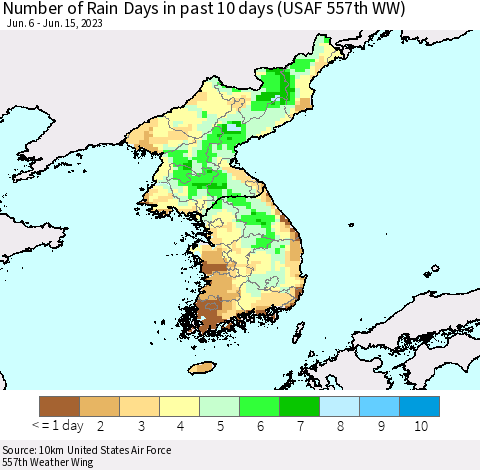 Korea Number of Rain Days in past 10 days (USAF 557th WW) Thematic Map For 6/11/2023 - 6/15/2023