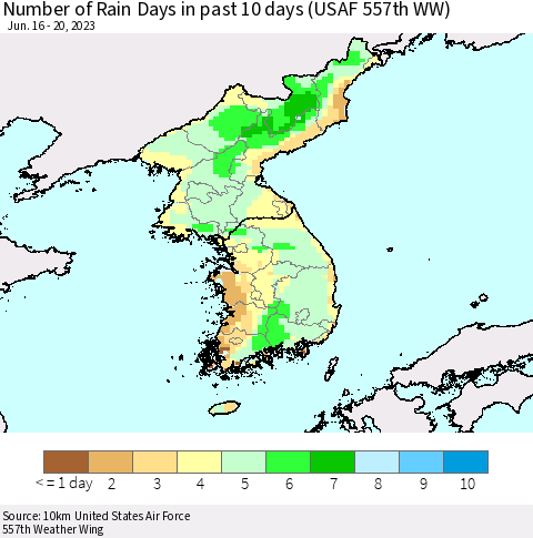 Korea Number of Rain Days in past 10 days (USAF 557th WW) Thematic Map For 6/16/2023 - 6/20/2023