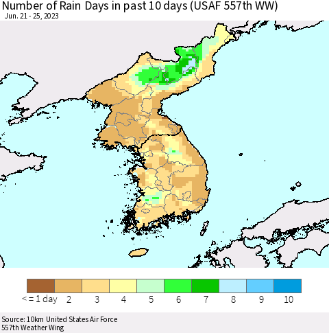 Korea Number of Rain Days in past 10 days (USAF 557th WW) Thematic Map For 6/21/2023 - 6/25/2023