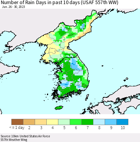 Korea Number of Rain Days in past 10 days (USAF 557th WW) Thematic Map For 6/26/2023 - 6/30/2023