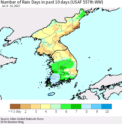 Korea Number of Rain Days in past 10 days (USAF 557th WW) Thematic Map For 7/6/2023 - 7/10/2023