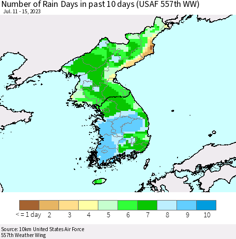 Korea Number of Rain Days in past 10 days (USAF 557th WW) Thematic Map For 7/11/2023 - 7/15/2023